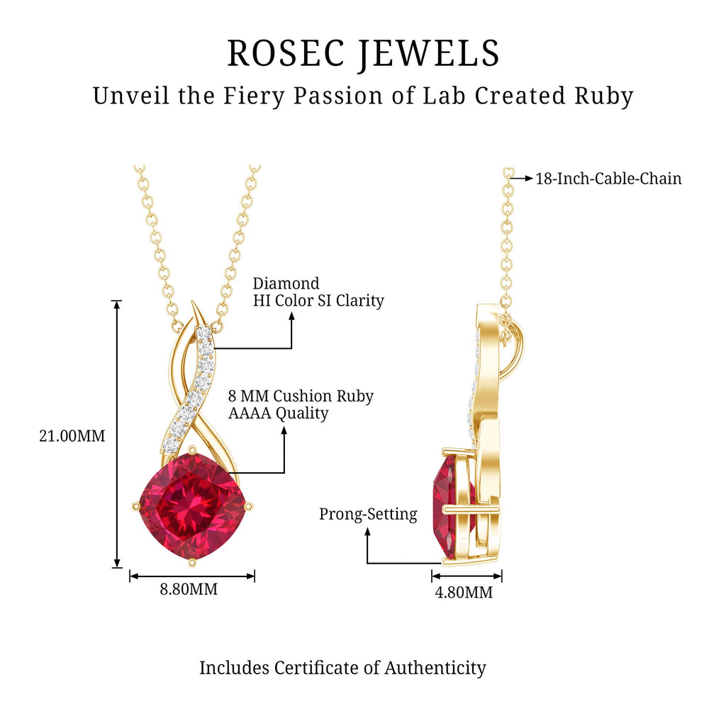 Cushion Cut Created Ruby Solitaire Infinity Pendant with Diamond