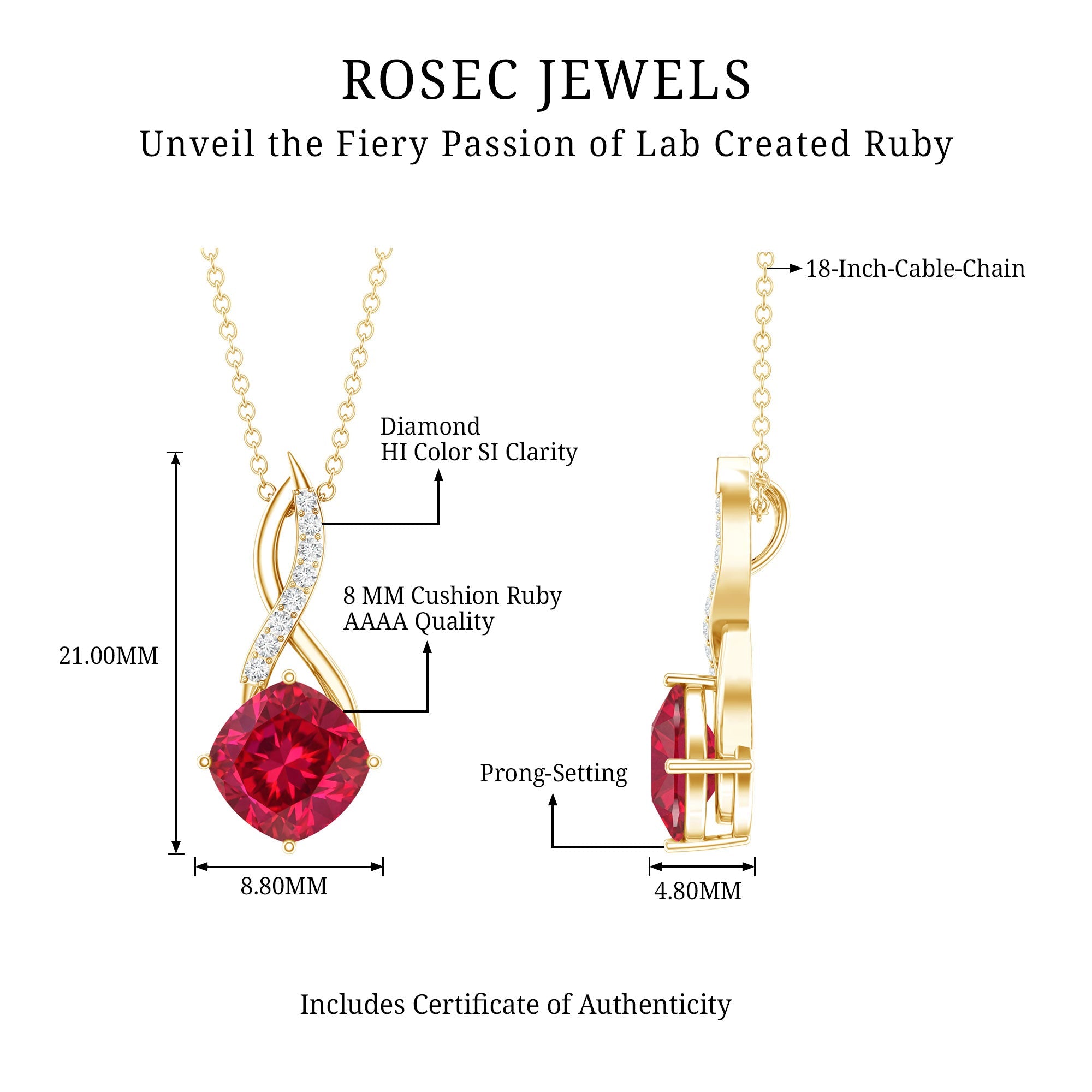 Cushion Cut Created Ruby Solitaire Infinity Pendant with Diamond