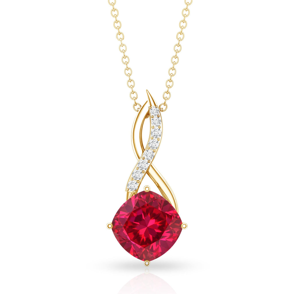 Cushion Cut Created Ruby Solitaire Infinity Pendant with Diamond