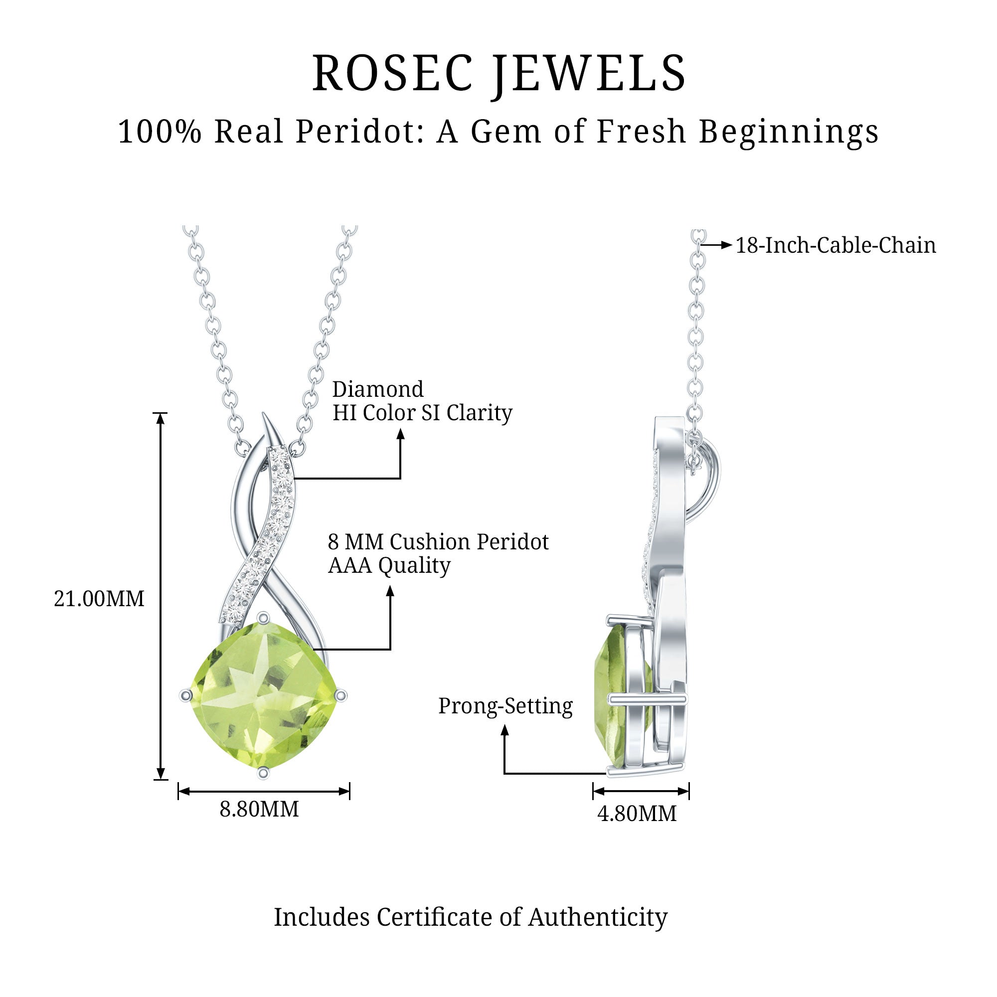 Peridot Infinity Necklace – 2 Carat Cushion Cut Peridot Diamond Pendant Gift