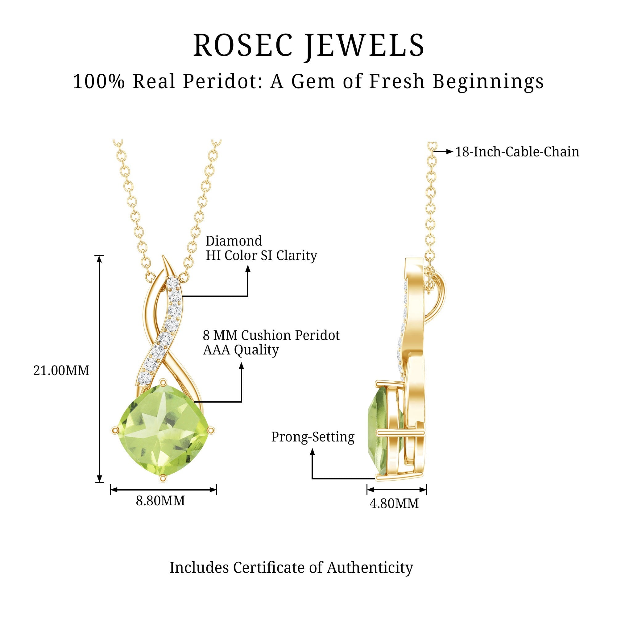 Peridot Infinity Necklace – 2 Carat Cushion Cut Peridot Diamond Pendant Gift