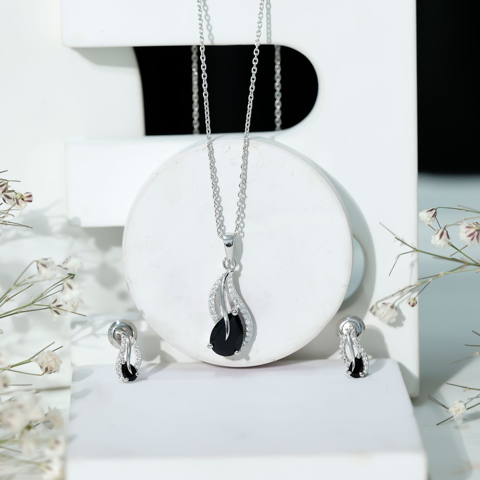 Real Black Onyx Earrings and Pendant Set with Moissanite