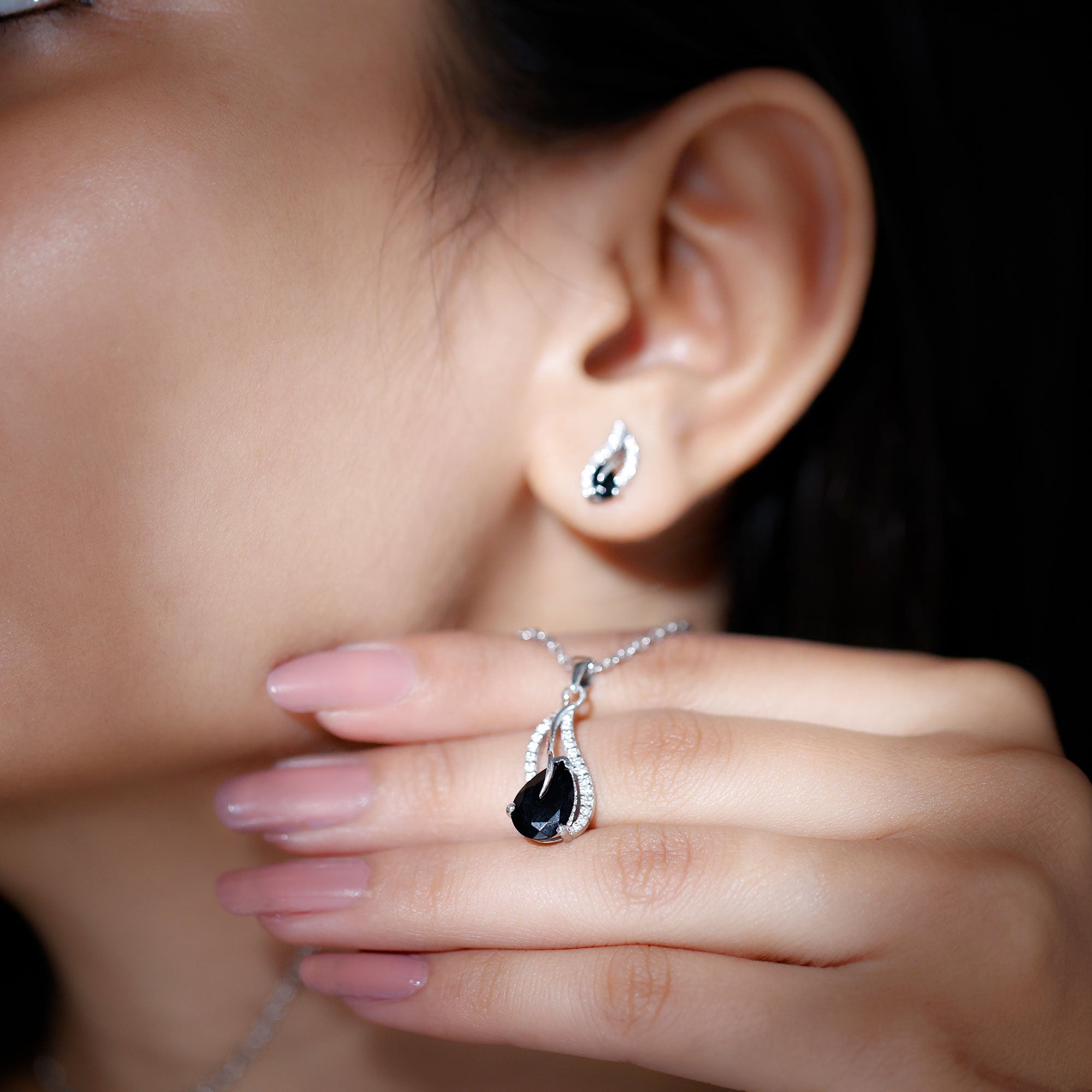 Real Black Onyx Earrings and Pendant Set with Moissanite