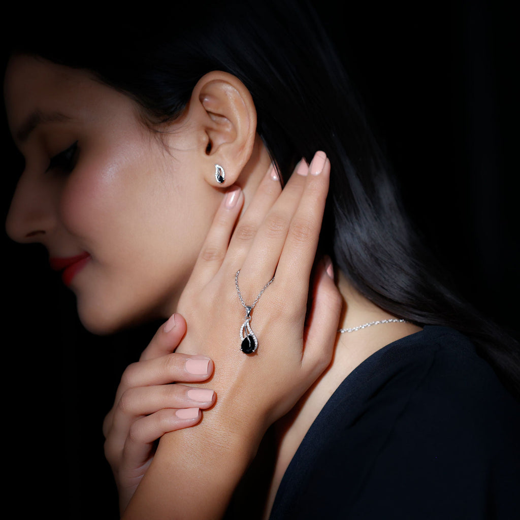 Real Black Onyx Earrings and Pendant Set with Moissanite