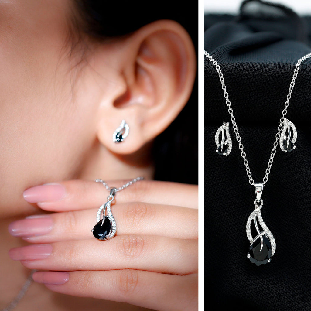 Real Black Onyx Earrings and Pendant Set with Moissanite