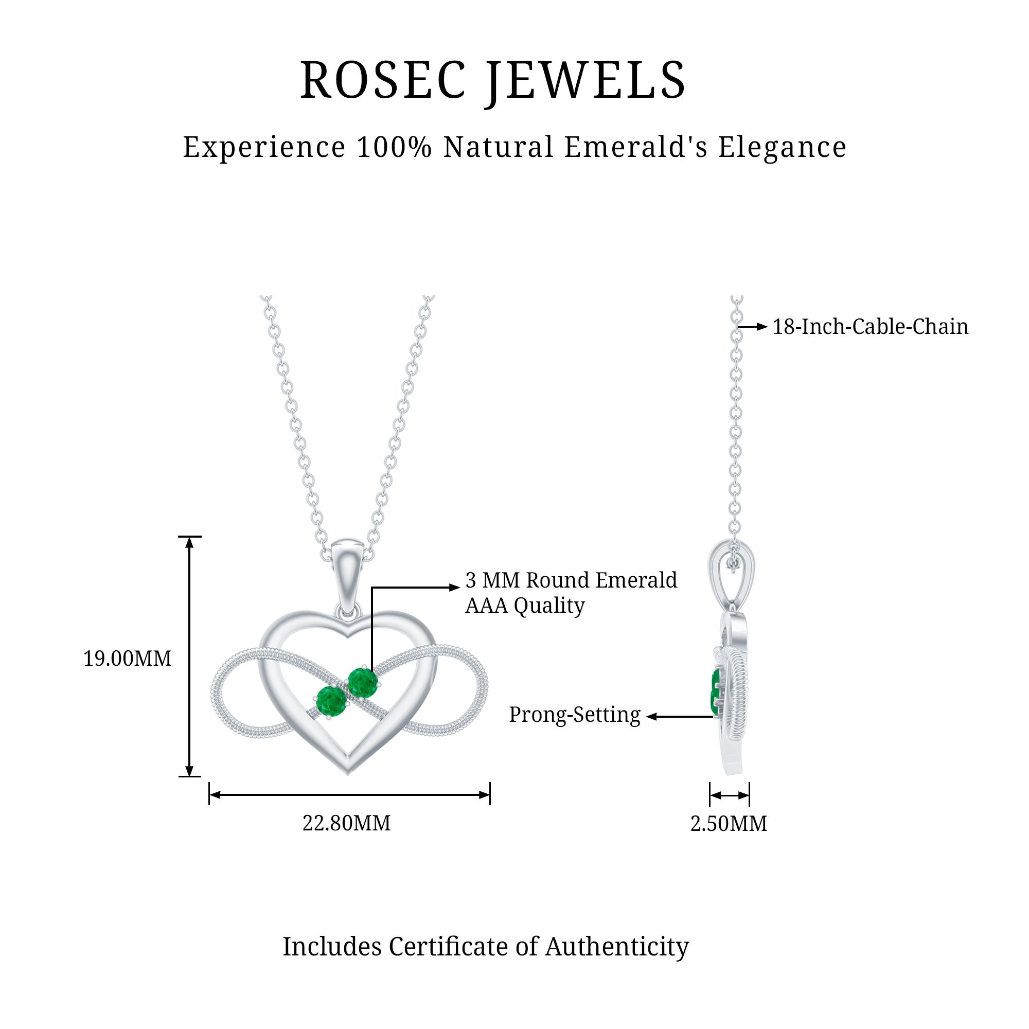 Heart Infinity Necklace – Emerald Pendant with AAA Quality Green Gemstone
