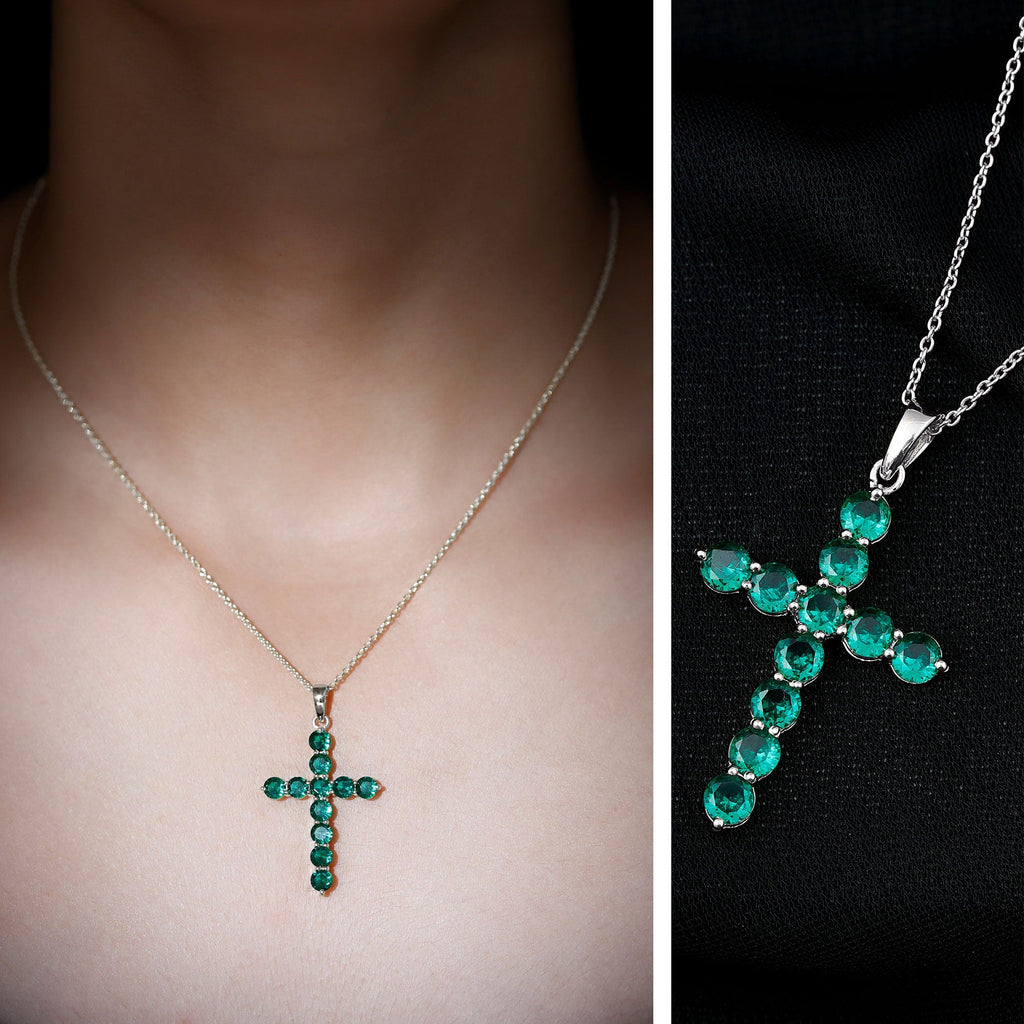 Lab Grown Emerald Necklace – Christian Cross Pendant With Cable Chain