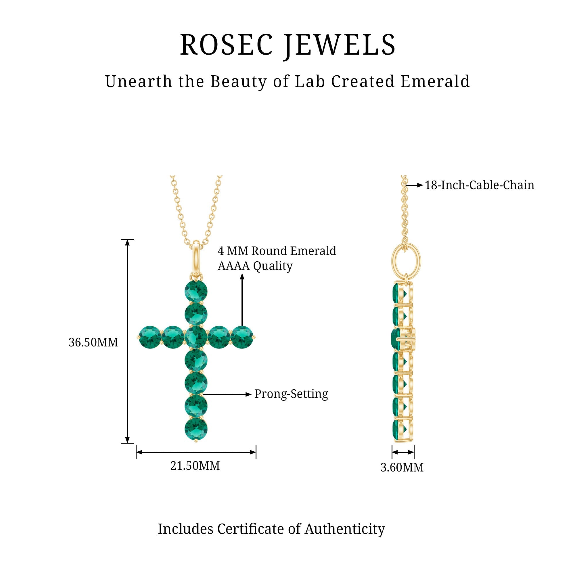 Lab Grown Emerald Necklace – Christian Cross Pendant With Cable Chain