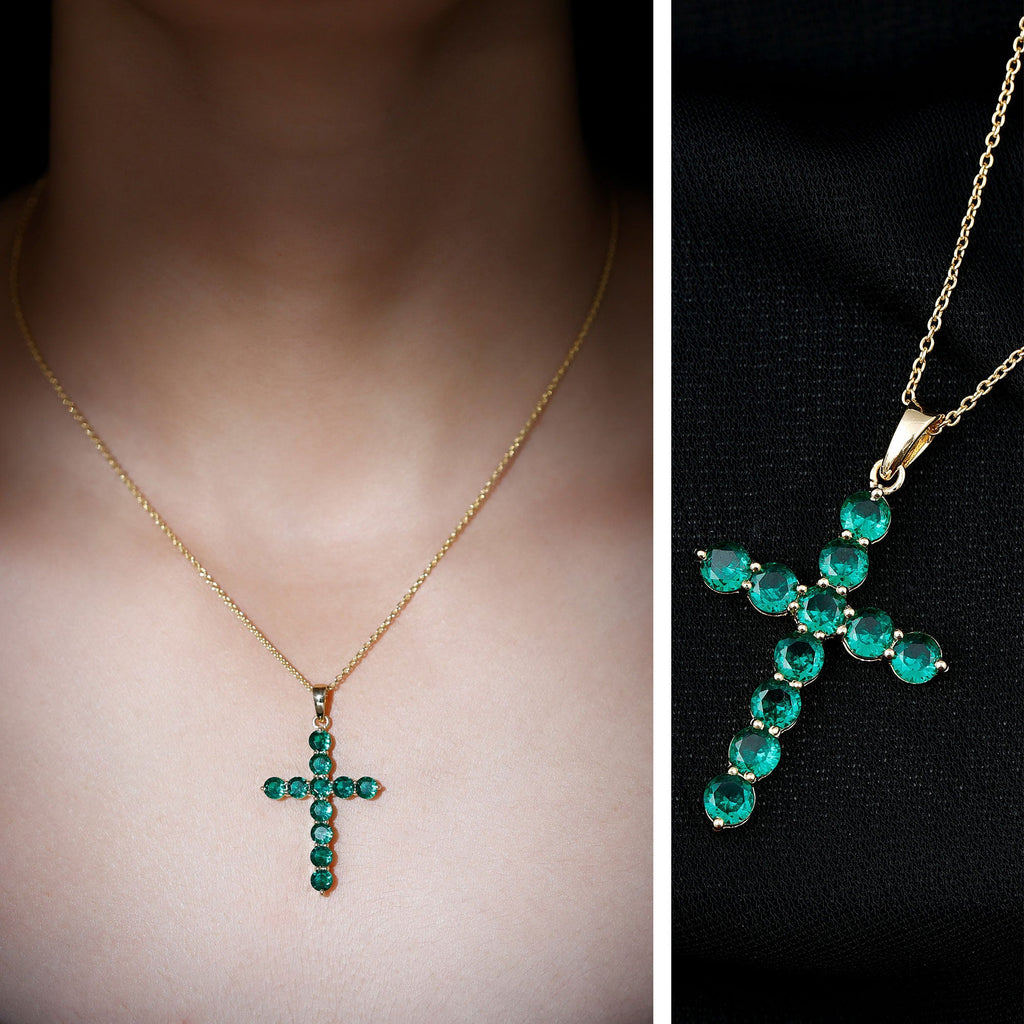 Lab Grown Emerald Necklace – Christian Cross Pendant With Cable Chain