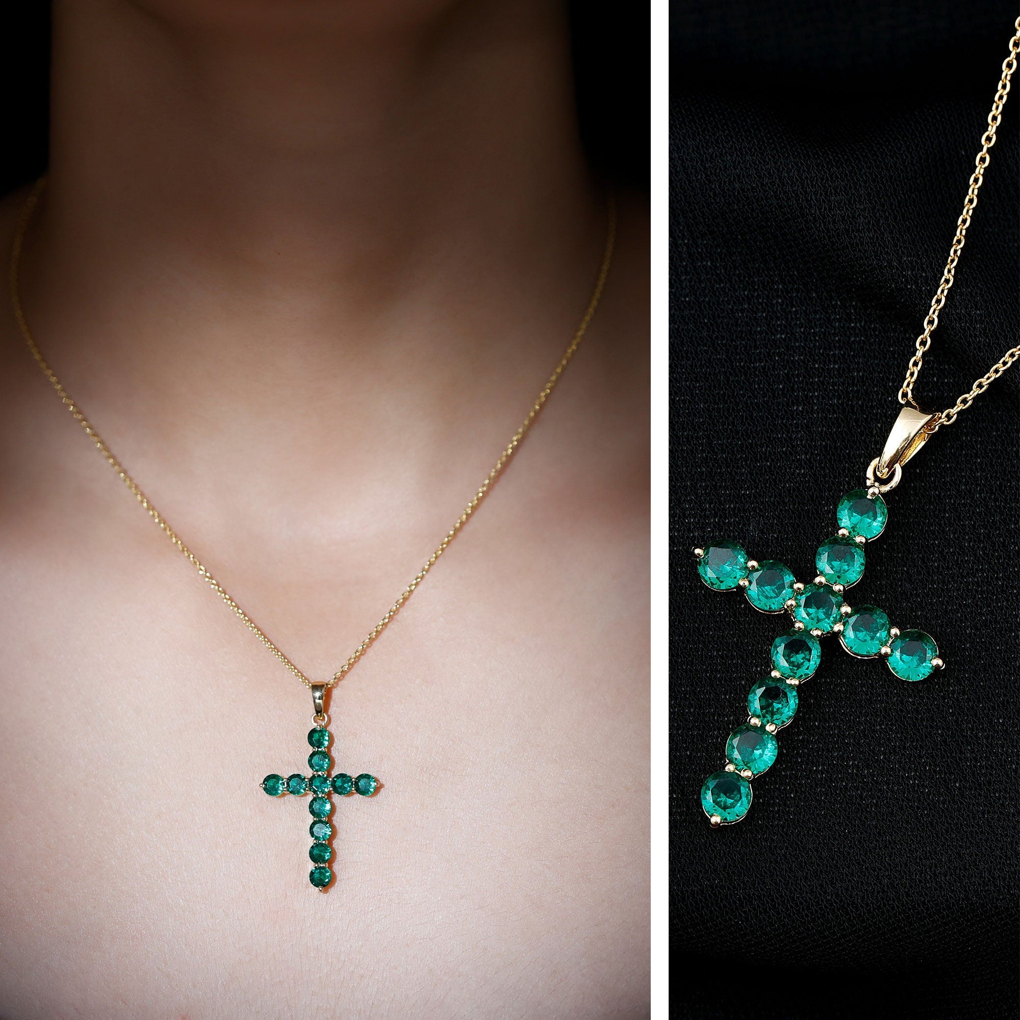 Lab Grown Emerald Necklace – Christian Cross Pendant With Cable Chain
