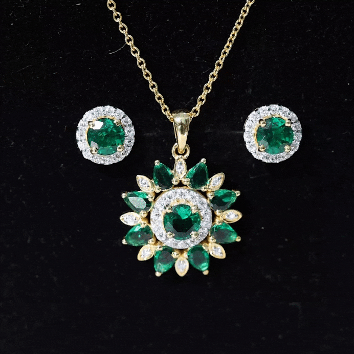 Lab Created Emerald Jewelry – Flower Pendant Earrings Set With Diamonds | AAAA Quality Emeralds