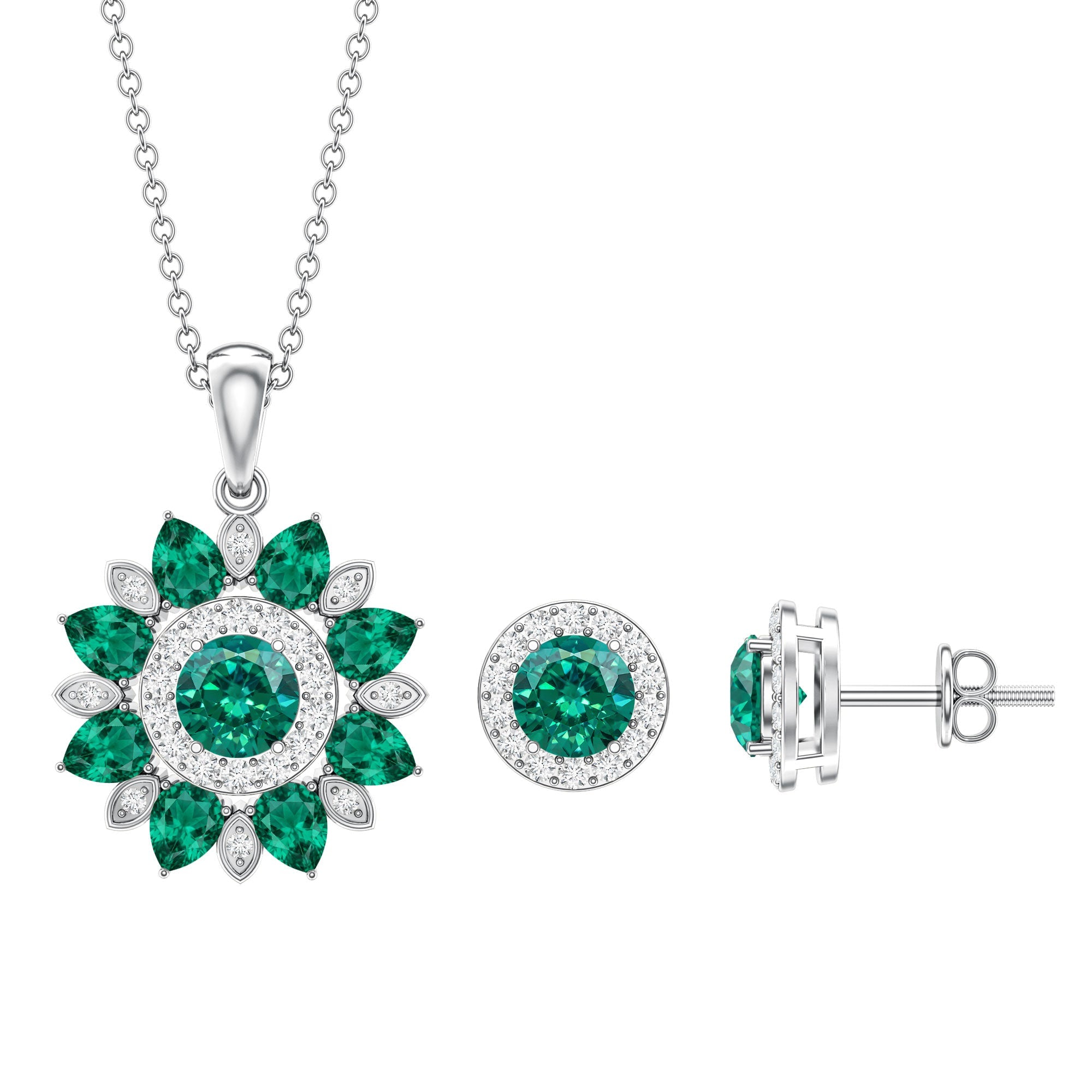 Lab Created Emerald Jewelry – Flower Pendant Earrings Set With Diamonds | AAAA Quality Emeralds