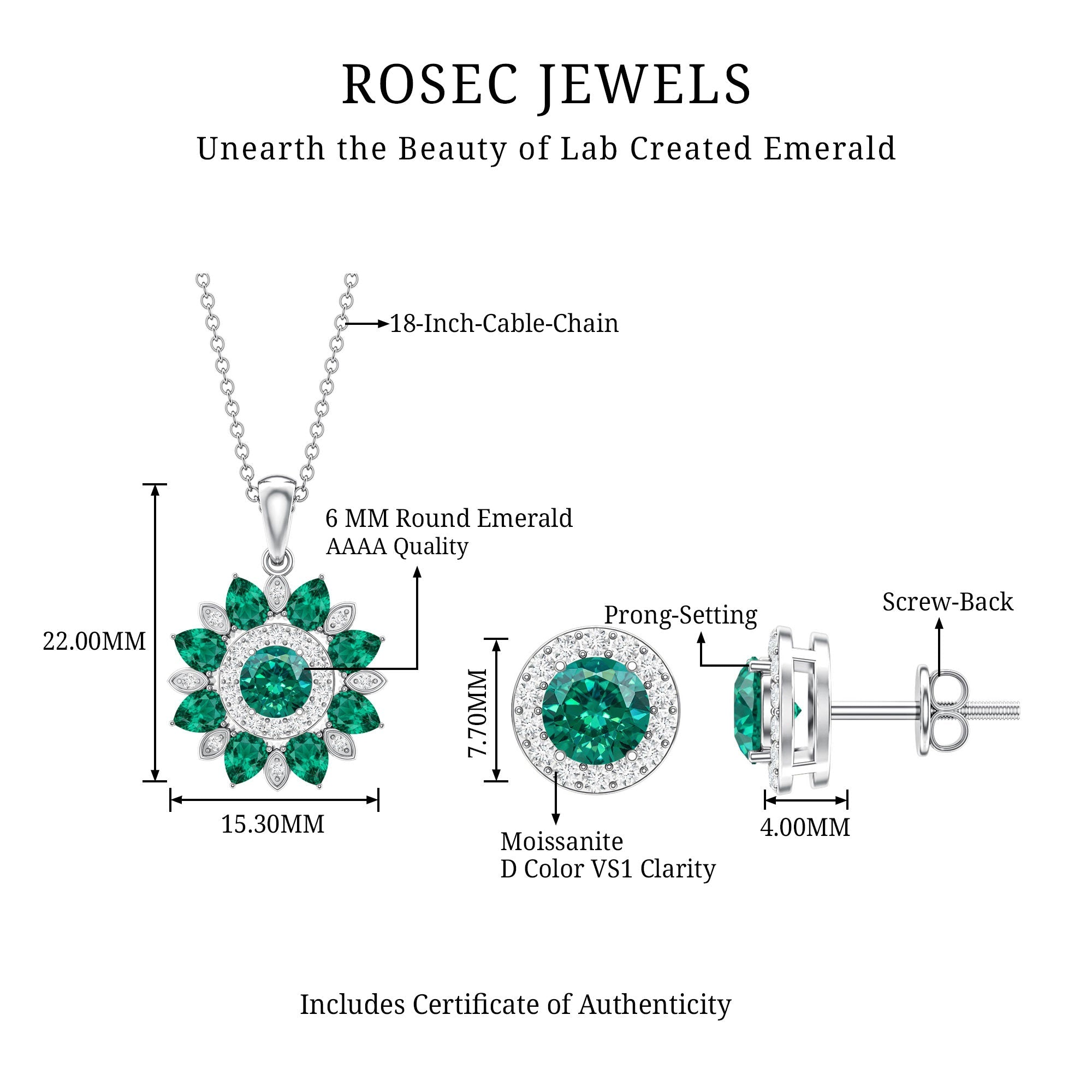 Lab Created Emerald Jewelry – Flower Pendant Earrings Set With Diamonds | AAAA Quality Emeralds