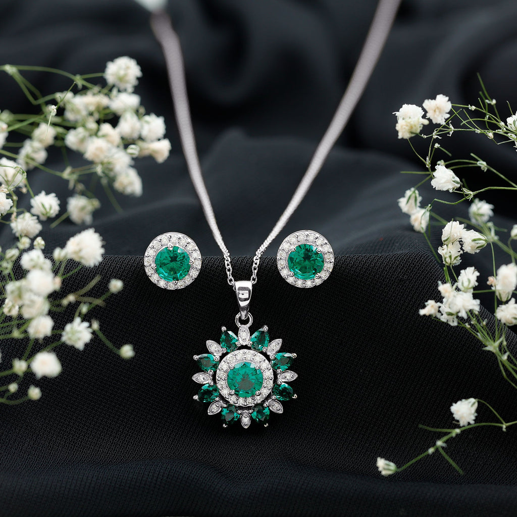 Lab Created Emerald Jewelry – Flower Pendant Earrings Set With Diamonds | AAAA Quality Emeralds