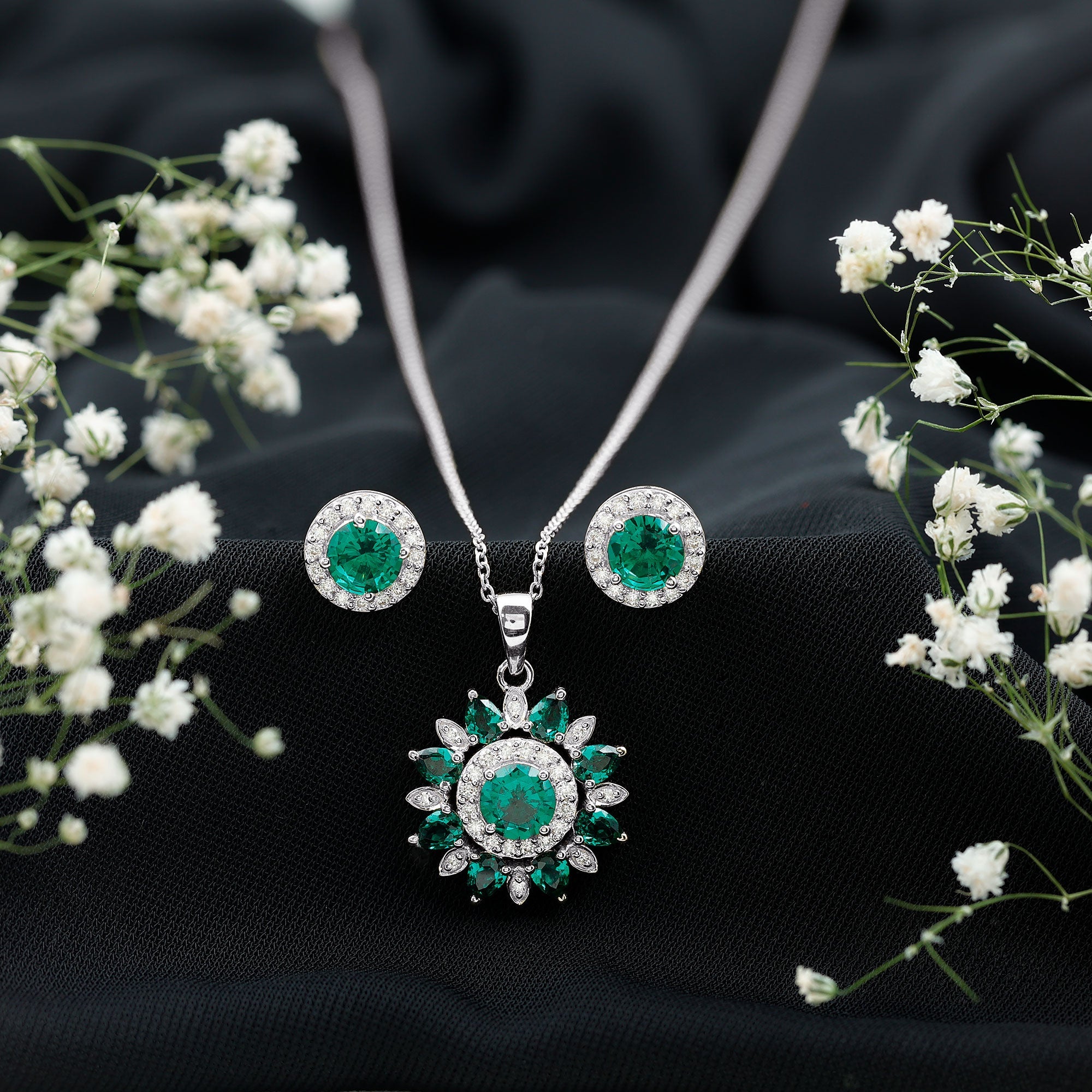 Lab Created Emerald Jewelry – Flower Pendant Earrings Set With Diamonds | AAAA Quality Emeralds