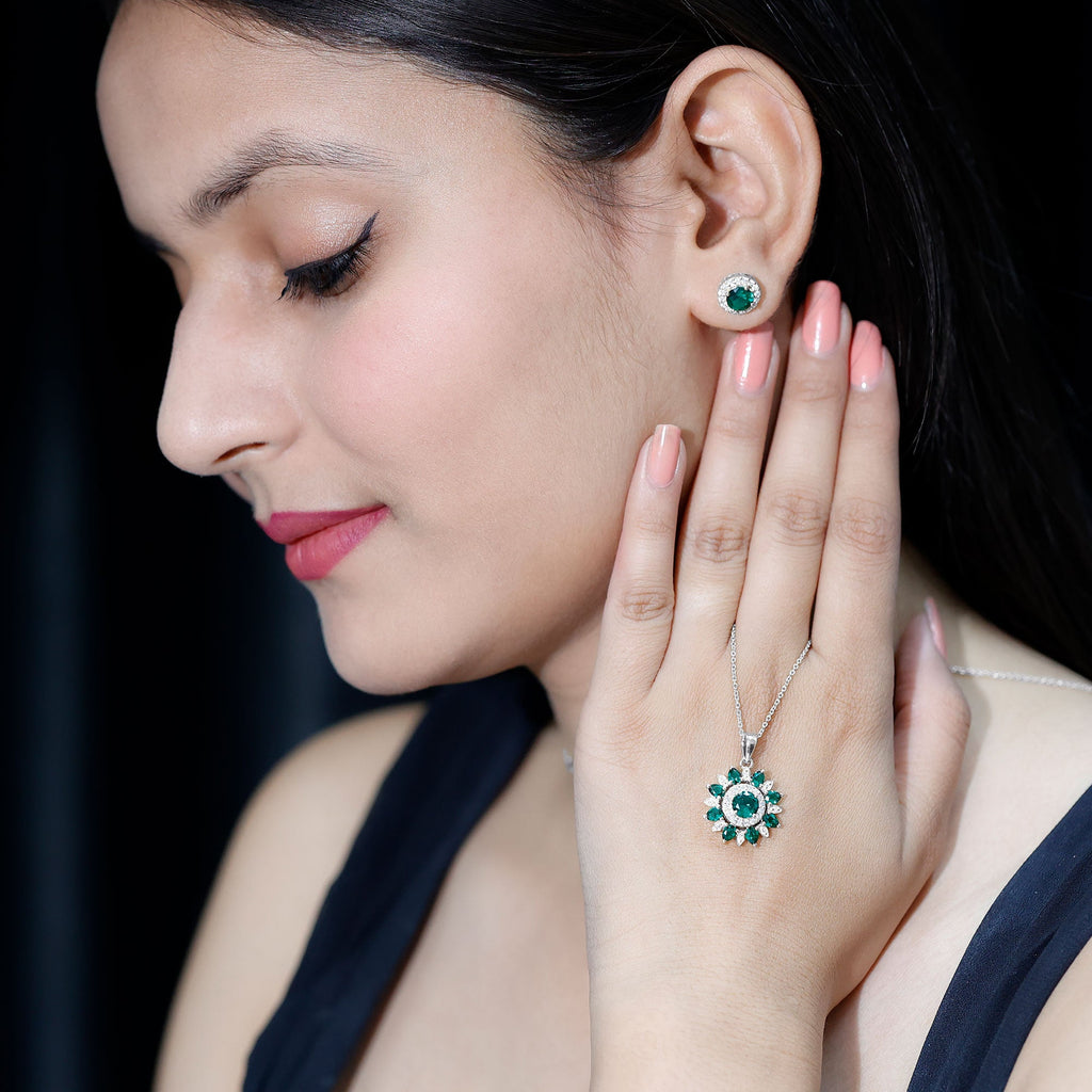 Lab Created Emerald Jewelry – Flower Pendant Earrings Set With Diamonds | AAAA Quality Emeralds