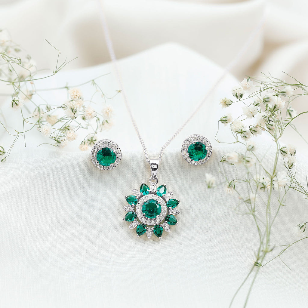 Lab Created Emerald Jewelry – Flower Pendant Earrings Set With Diamonds | AAAA Quality Emeralds