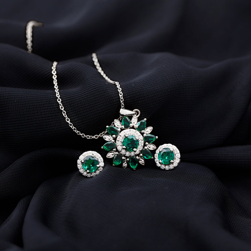 Lab Created Emerald Jewelry – Flower Pendant Earrings Set With Diamonds | AAAA Quality Emeralds