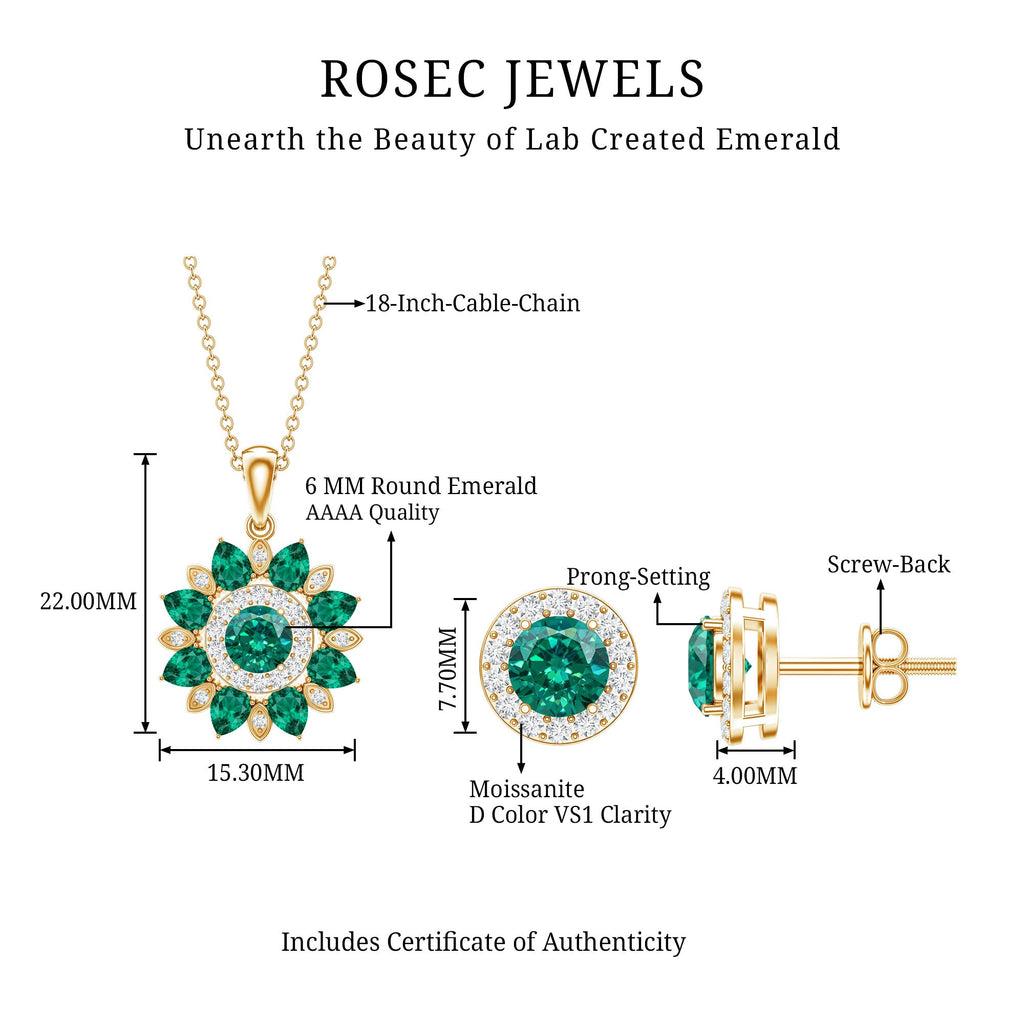 Lab Created Emerald Jewelry – Flower Pendant Earrings Set With Diamonds | AAAA Quality Emeralds