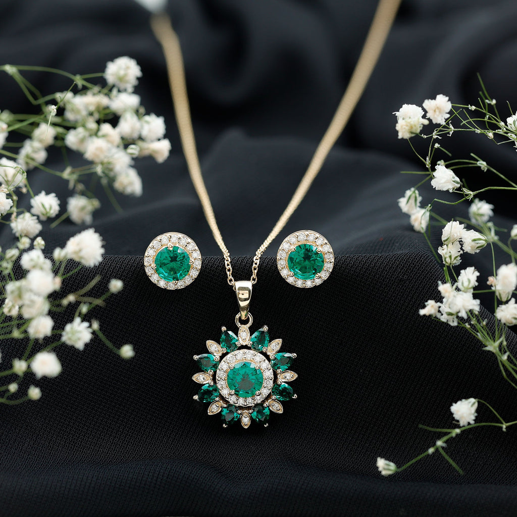 Lab Created Emerald Jewelry – Flower Pendant Earrings Set With Diamonds | AAAA Quality Emeralds