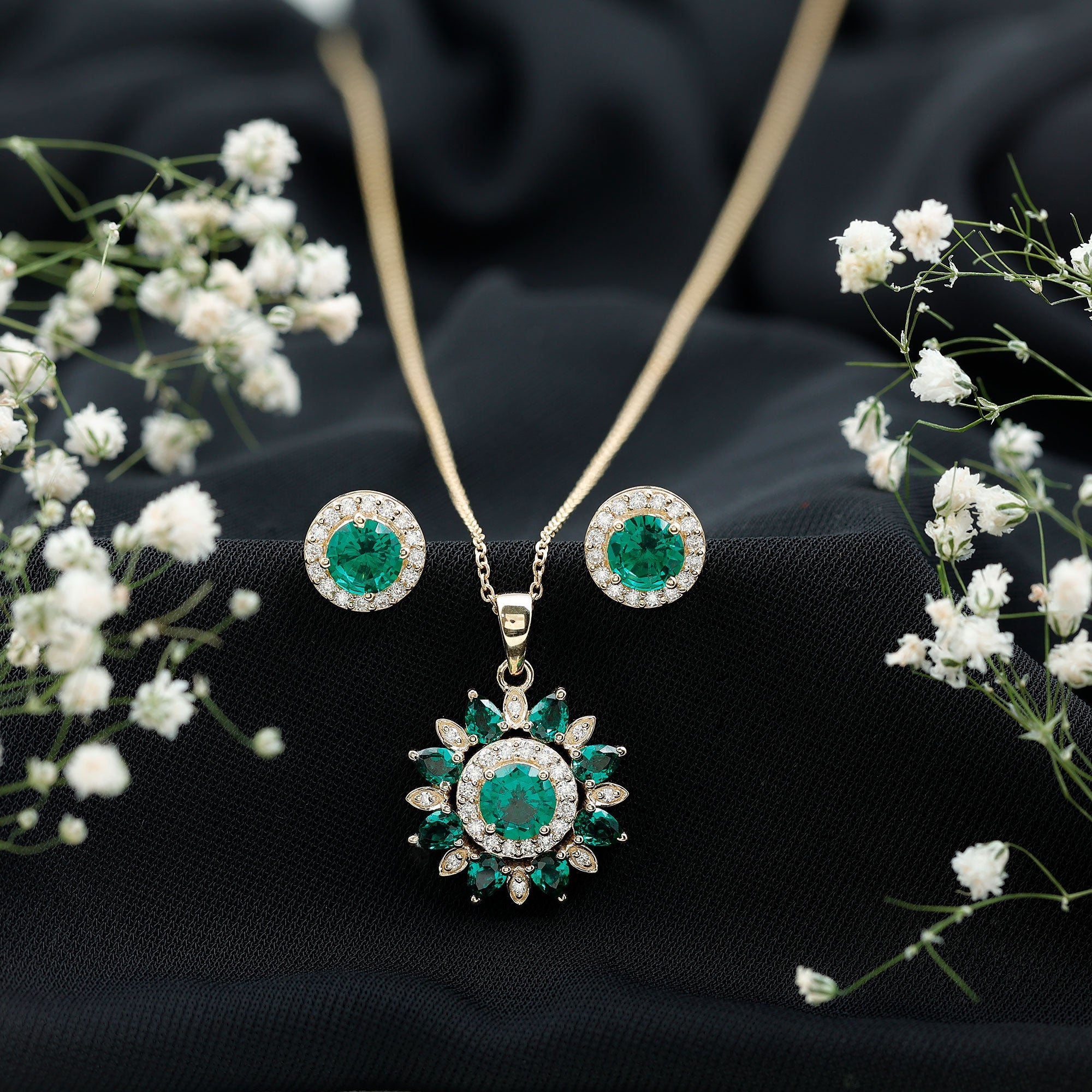 Lab Created Emerald Jewelry – Flower Pendant Earrings Set With Diamonds | AAAA Quality Emeralds