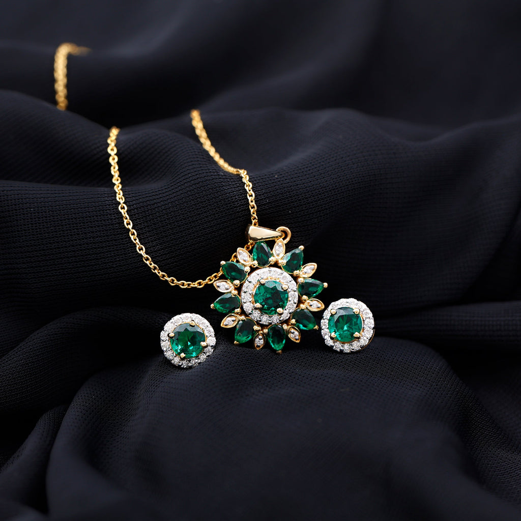 Lab Created Emerald Jewelry – Flower Pendant Earrings Set With Diamonds | AAAA Quality Emeralds