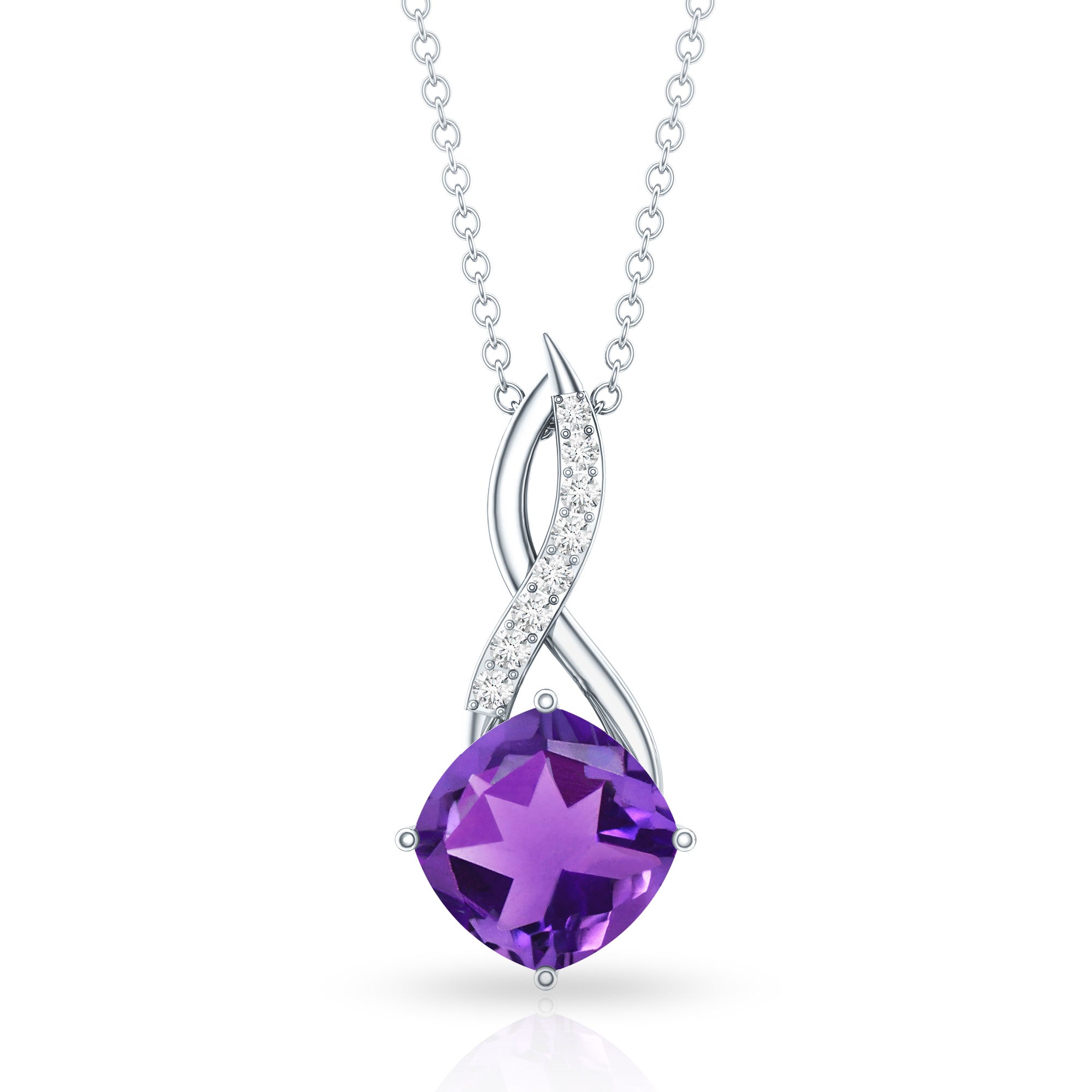 Natural 2 Carat Cushion Cut Amethyst Infinity Necklace with Diamond