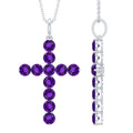Amethyst Cross Necklace - Natural Pendant with Prong Set Stones & Lobster Clasp Chain