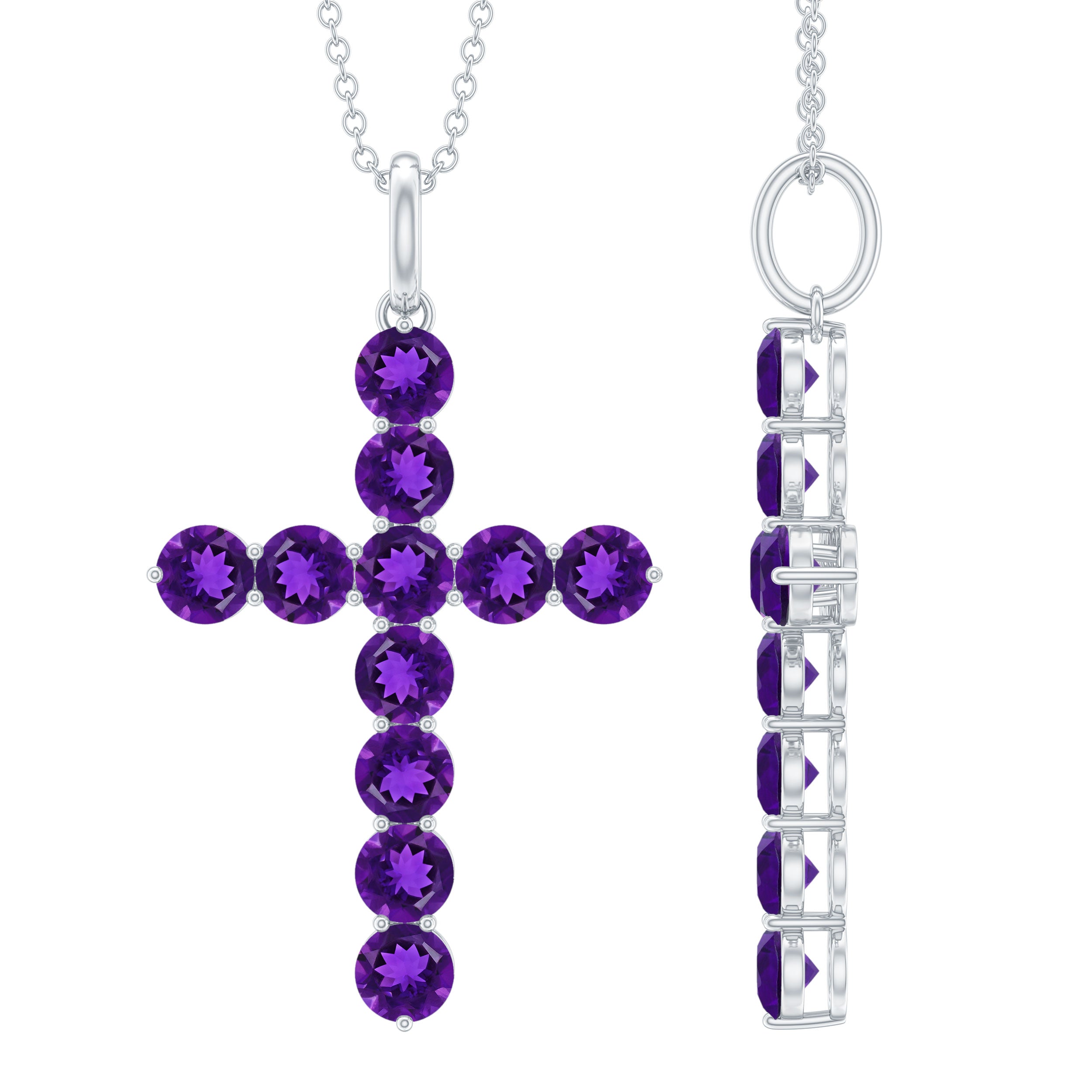 Amethyst Cross Necklace - Natural Pendant with Prong Set Stones & Lobster Clasp Chain
