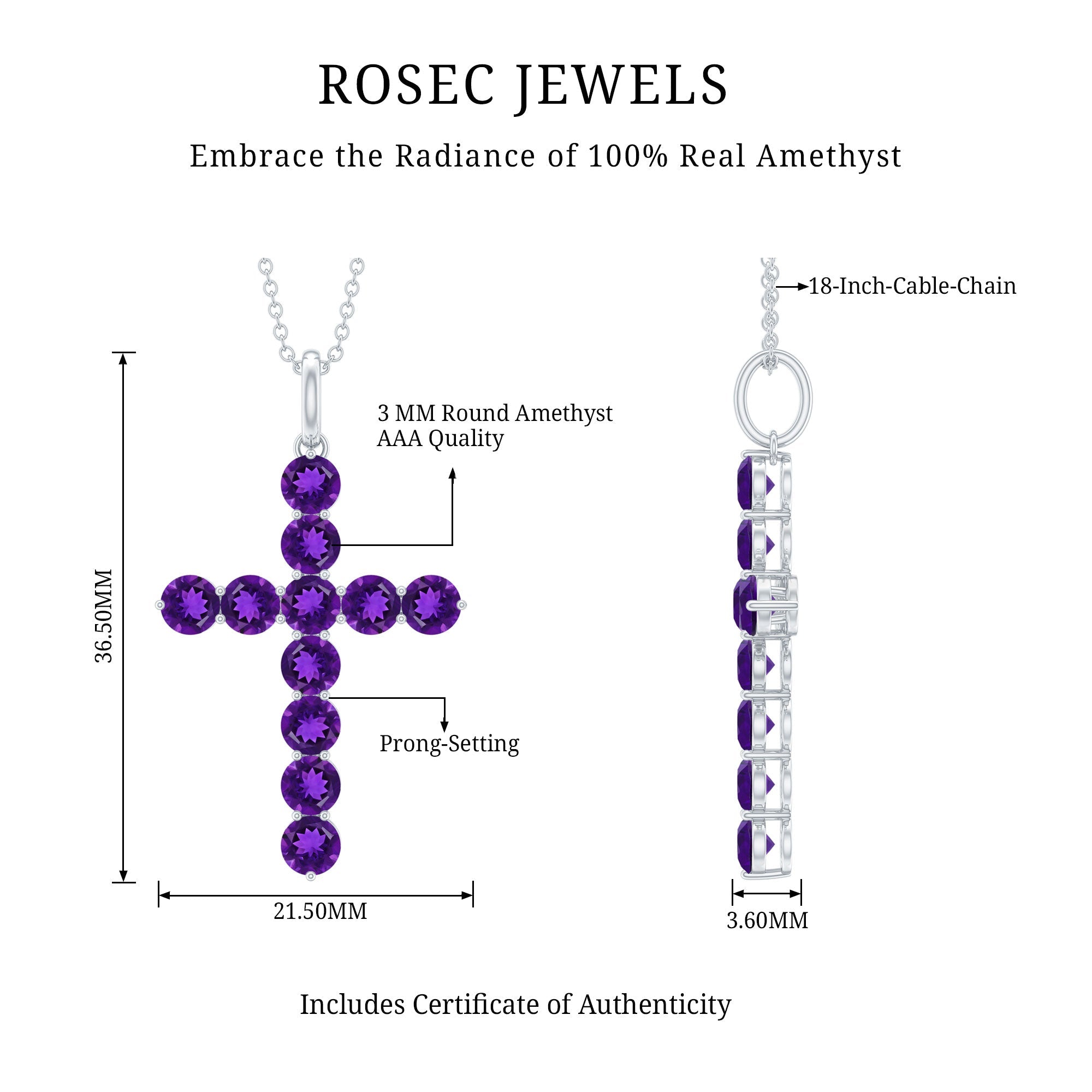 Amethyst Cross Necklace - Natural Pendant with Prong Set Stones & Lobster Clasp Chain