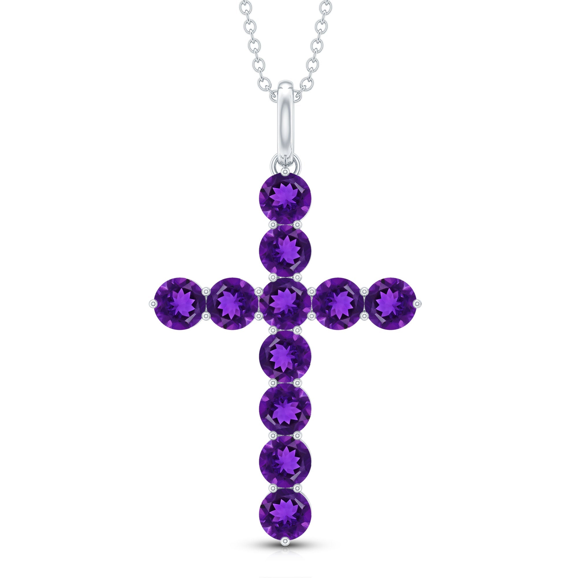 Amethyst Cross Necklace - Natural Pendant with Prong Set Stones & Lobster Clasp Chain