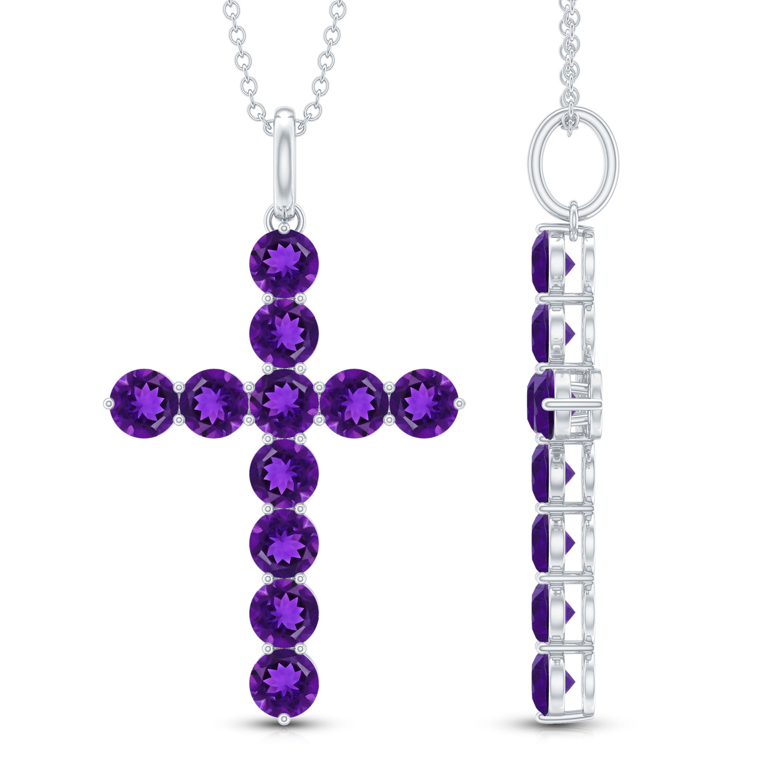 Amethyst Cross Necklace - Natural Pendant with Prong Set Stones & Lobster Clasp Chain