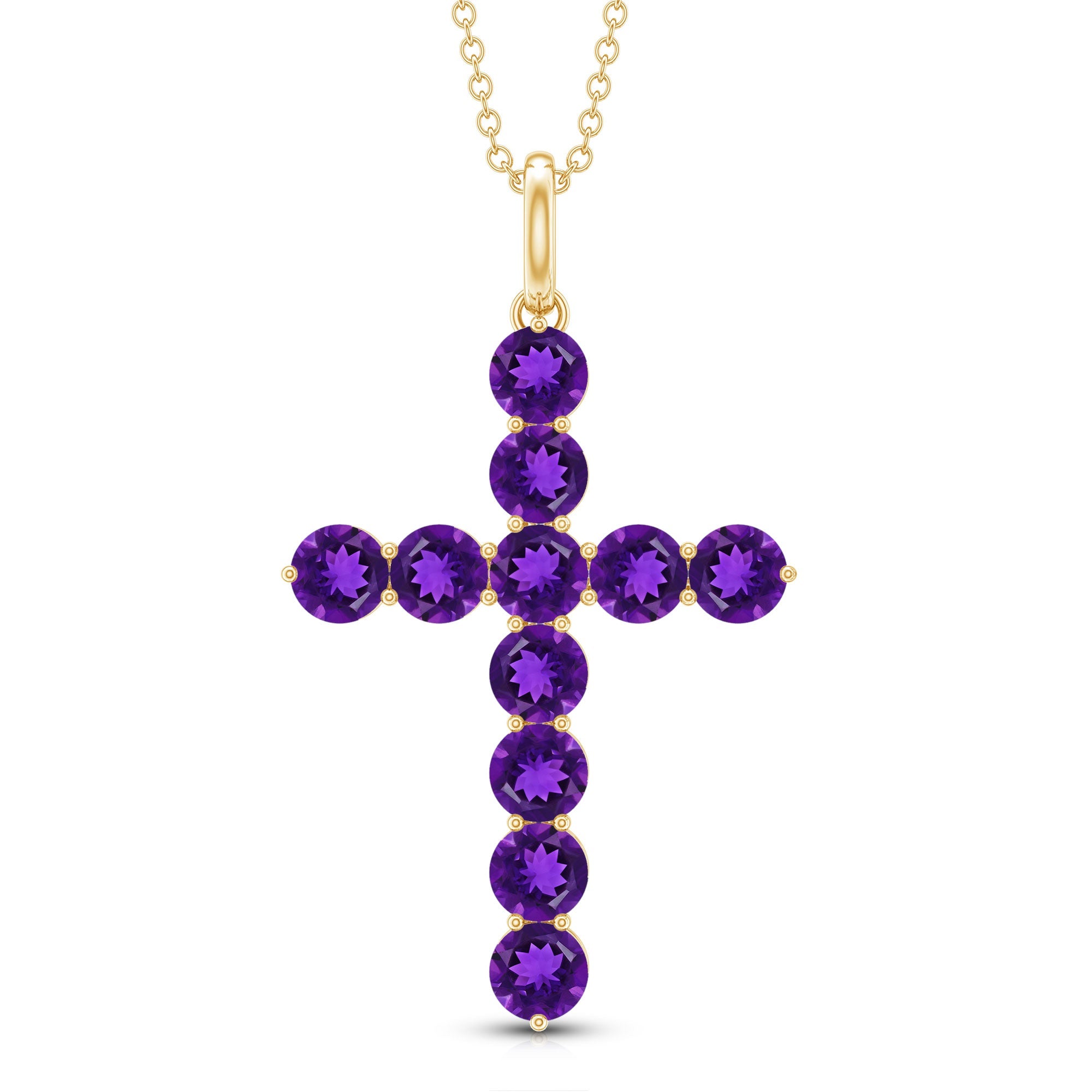 Amethyst Cross Necklace - Natural Pendant with Prong Set Stones & Lobster Clasp Chain