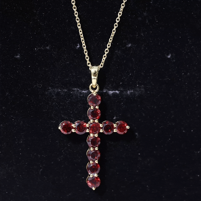 Garnet Cross Pendant - AAA Round Garnet Necklace With Delicate Cable Chain
