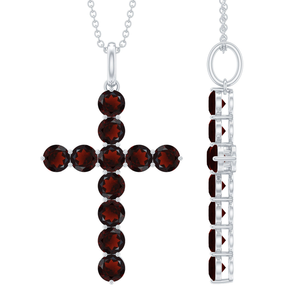 Garnet Cross Pendant - AAA Round Garnet Necklace With Delicate Cable Chain
