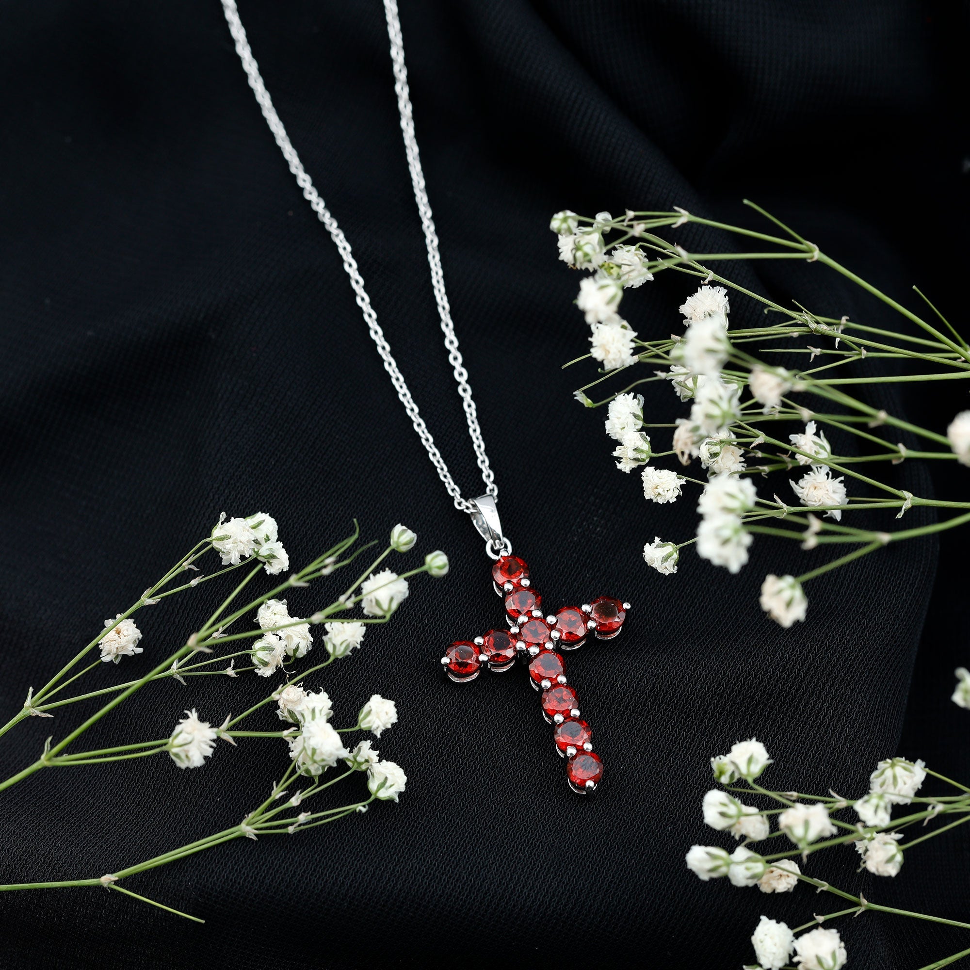 Garnet Cross Pendant - AAA Round Garnet Necklace With Delicate Cable Chain