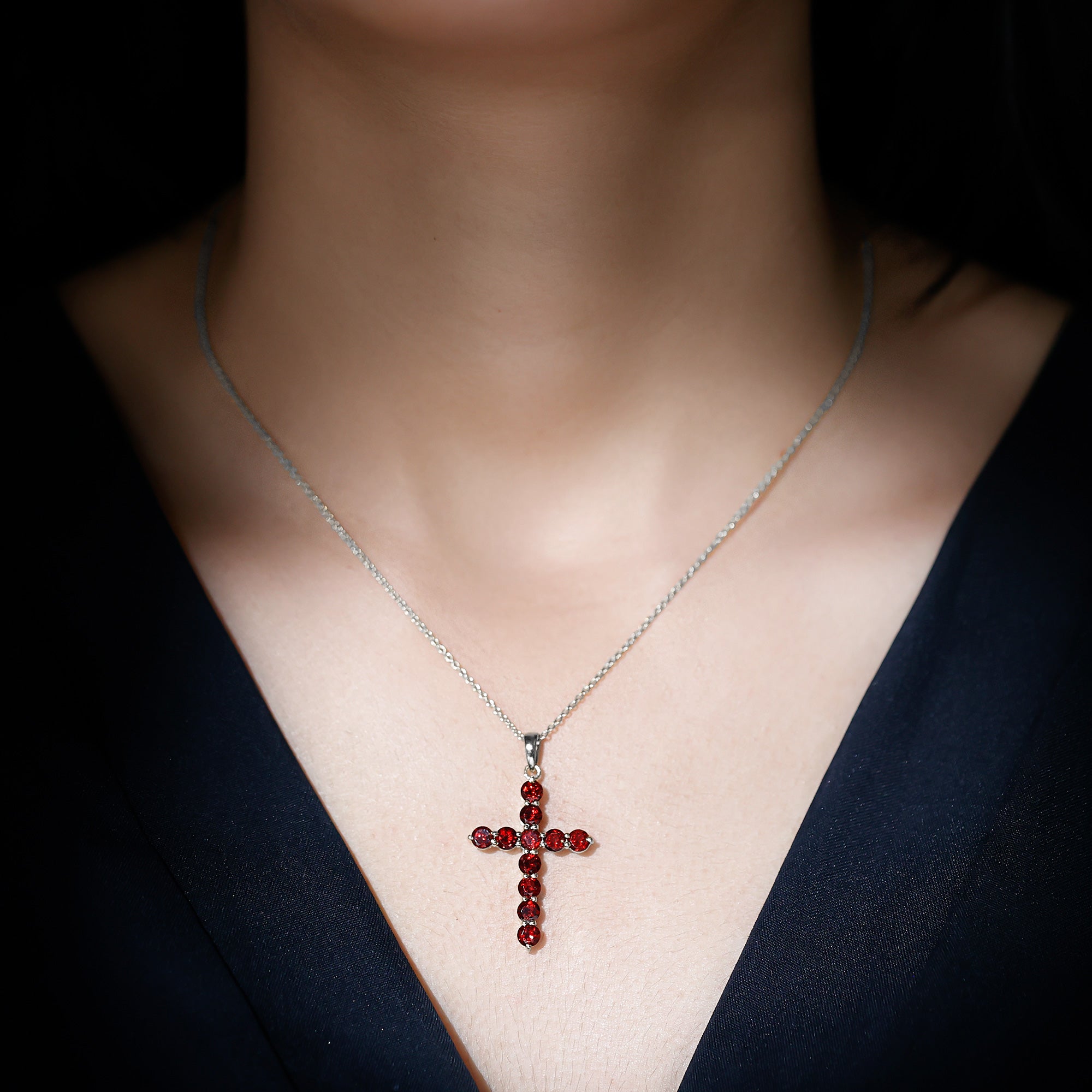 Garnet Cross Pendant - AAA Round Garnet Necklace With Delicate Cable Chain
