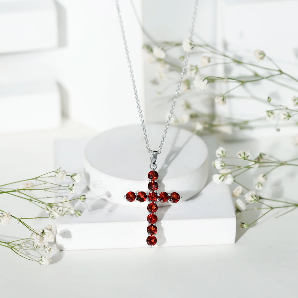 Garnet Cross Pendant - AAA Round Garnet Necklace With Delicate Cable Chain