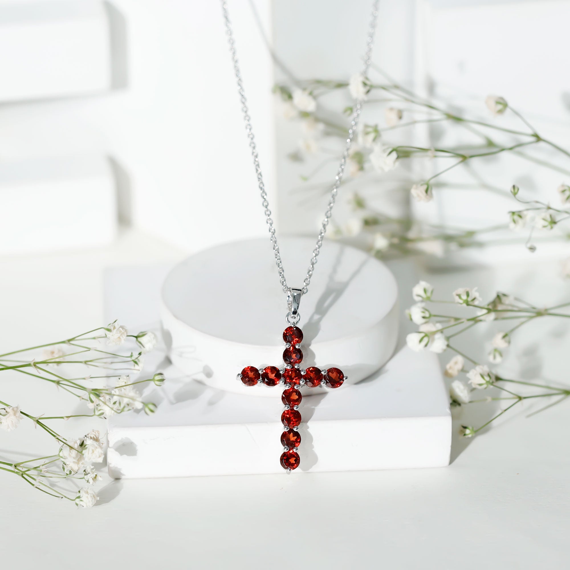 Garnet Cross Pendant - AAA Round Garnet Necklace With Delicate Cable Chain