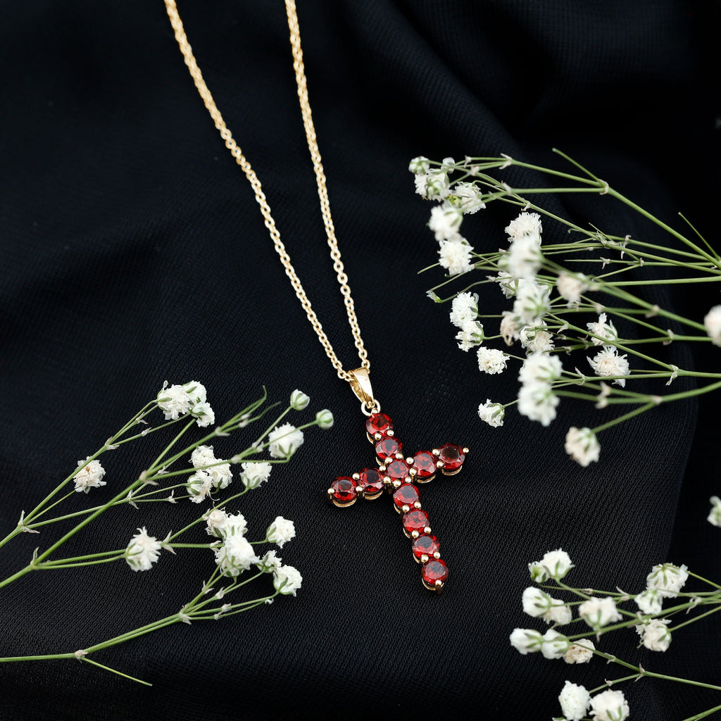 Garnet Cross Pendant - AAA Round Garnet Necklace With Delicate Cable Chain