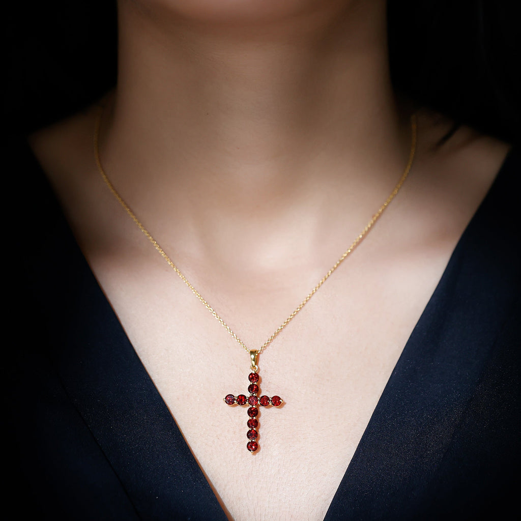 Garnet Cross Pendant - AAA Round Garnet Necklace With Delicate Cable Chain