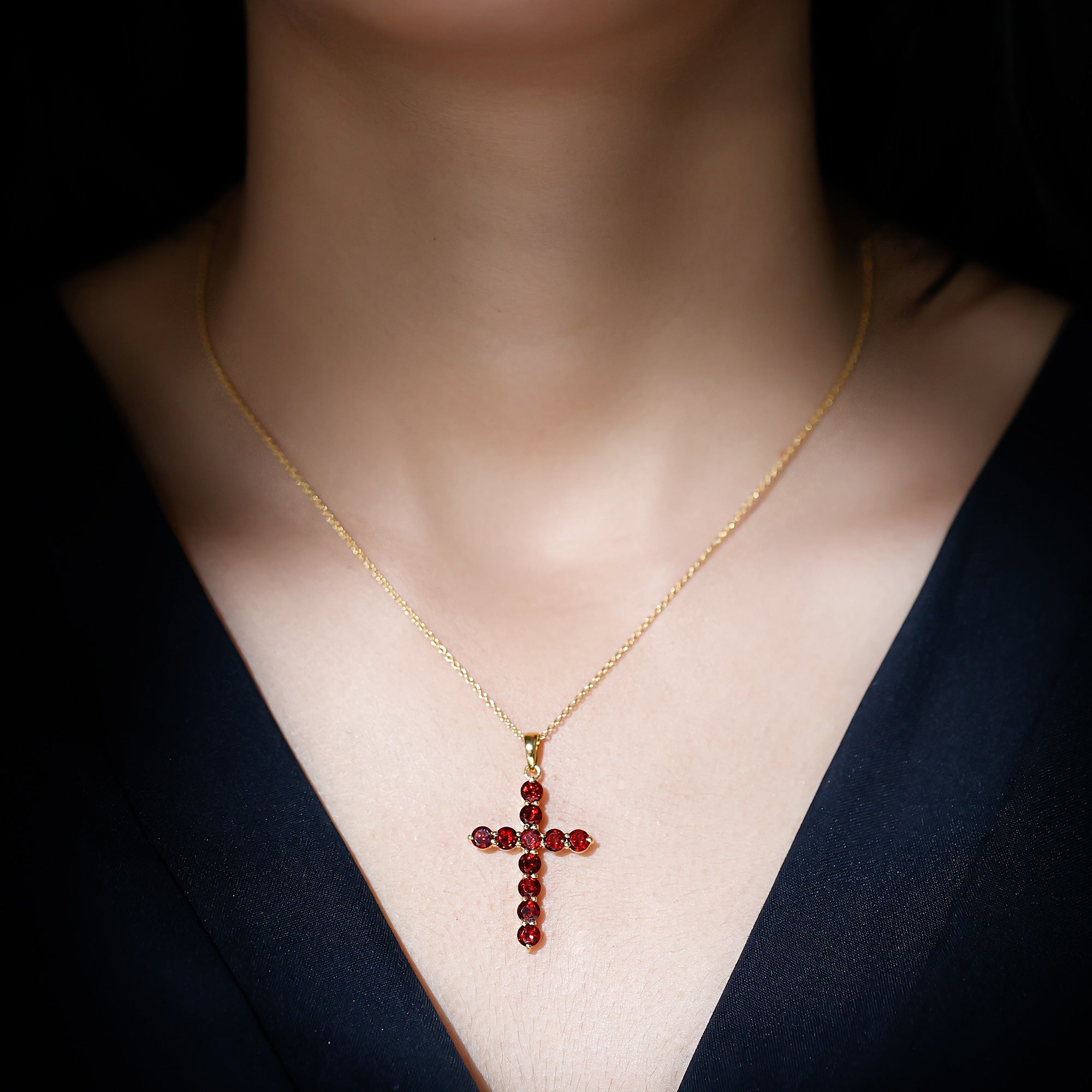 Garnet Cross Pendant - AAA Round Garnet Necklace With Delicate Cable Chain