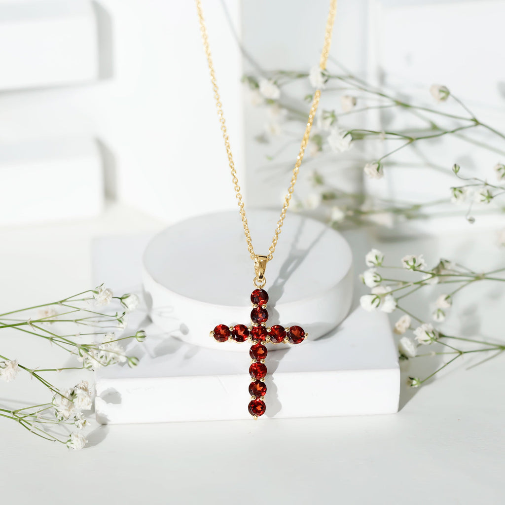 Garnet Cross Pendant - AAA Round Garnet Necklace With Delicate Cable Chain