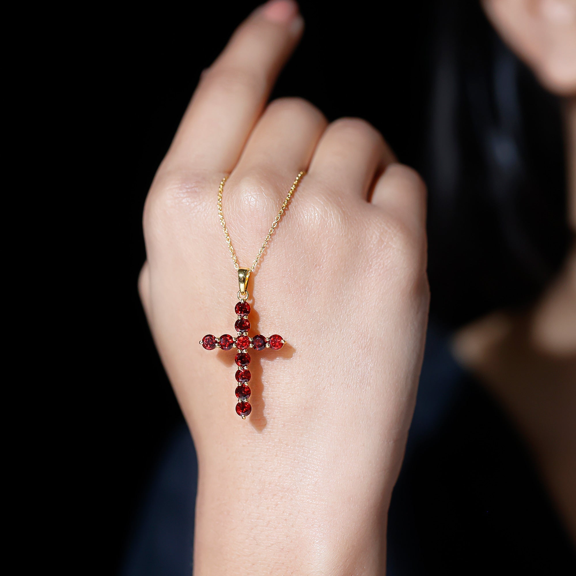 Garnet Cross Pendant - AAA Round Garnet Necklace With Delicate Cable Chain