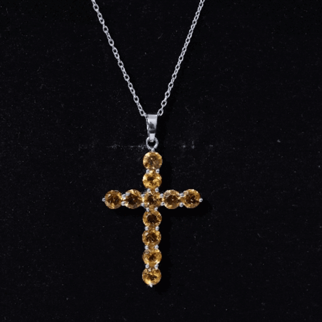 Citrine Silver Cross Necklace – 14K White Gold Birthstone Pendant, Prong Setting