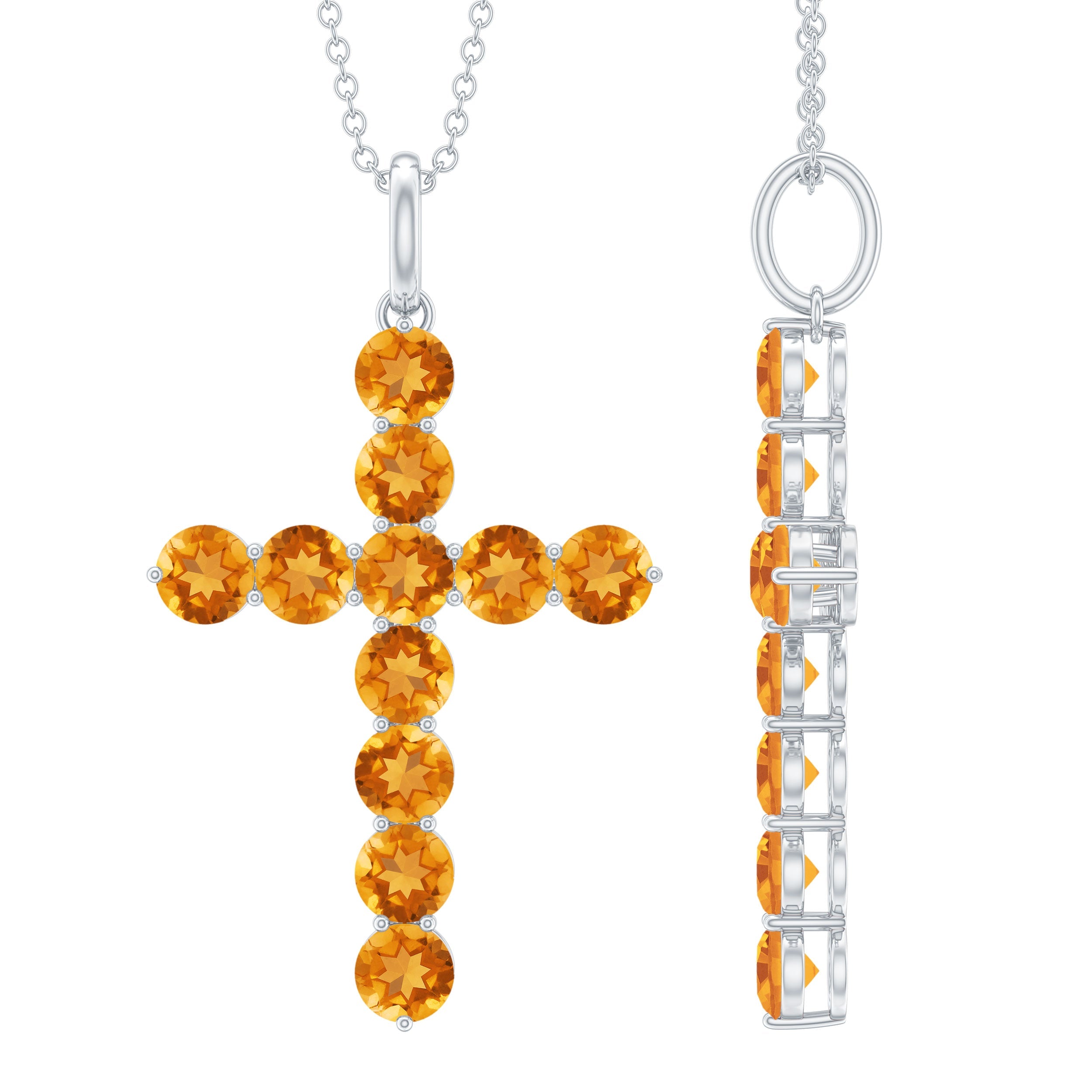 Citrine Silver Cross Necklace – 14K White Gold Birthstone Pendant, Prong Setting