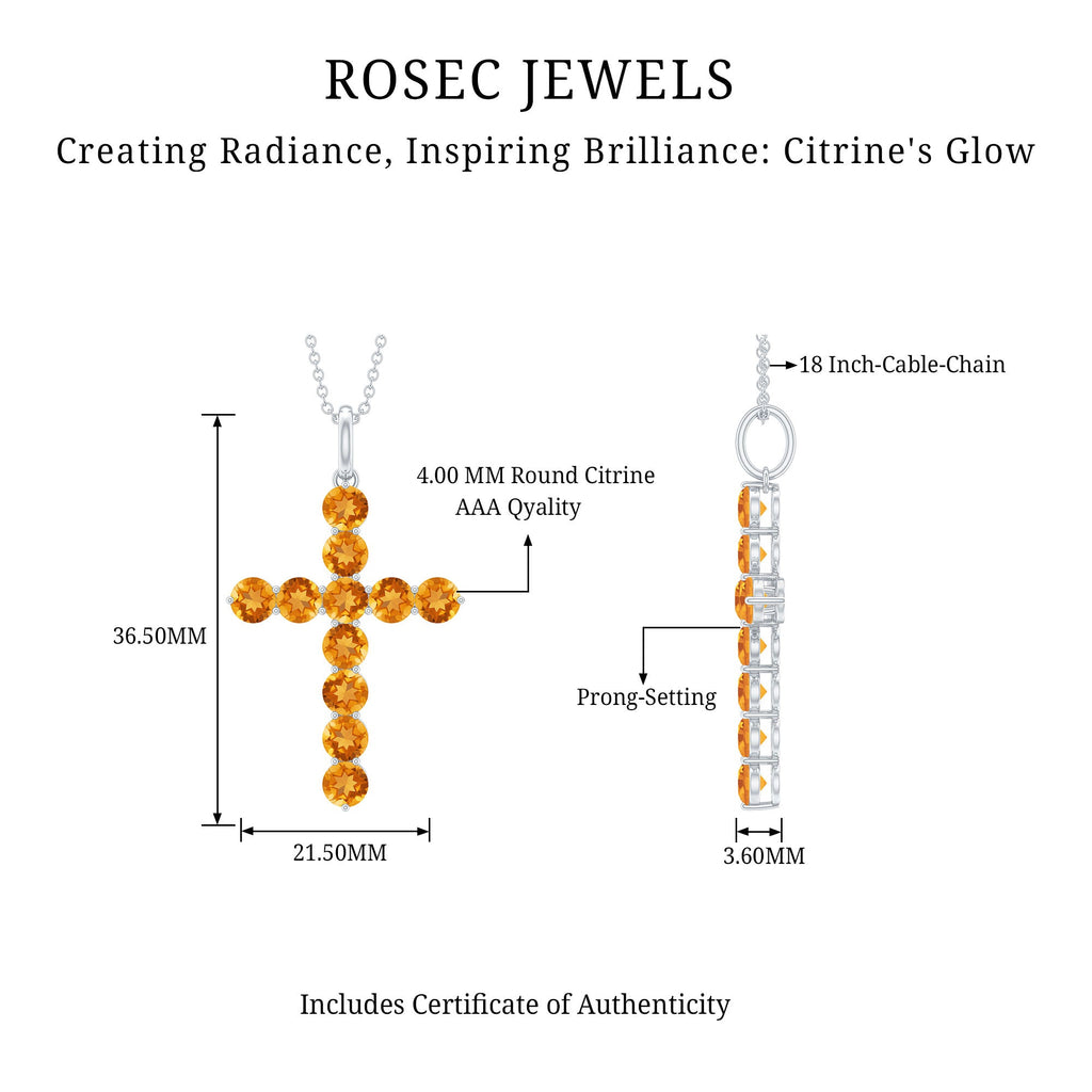Citrine Silver Cross Necklace – 14K White Gold Birthstone Pendant, Prong Setting