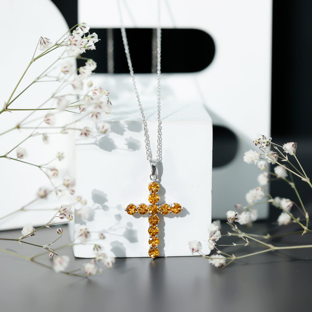 Citrine Silver Cross Necklace – 14K White Gold Birthstone Pendant, Prong Setting