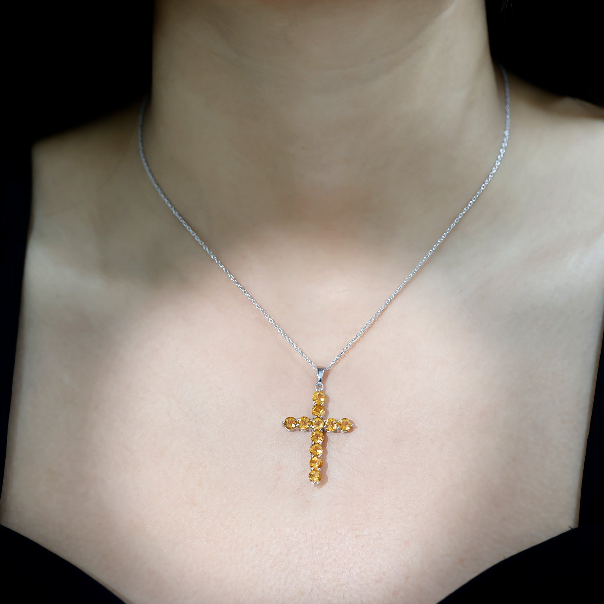 Citrine Silver Cross Necklace – 14K White Gold Birthstone Pendant, Prong Setting
