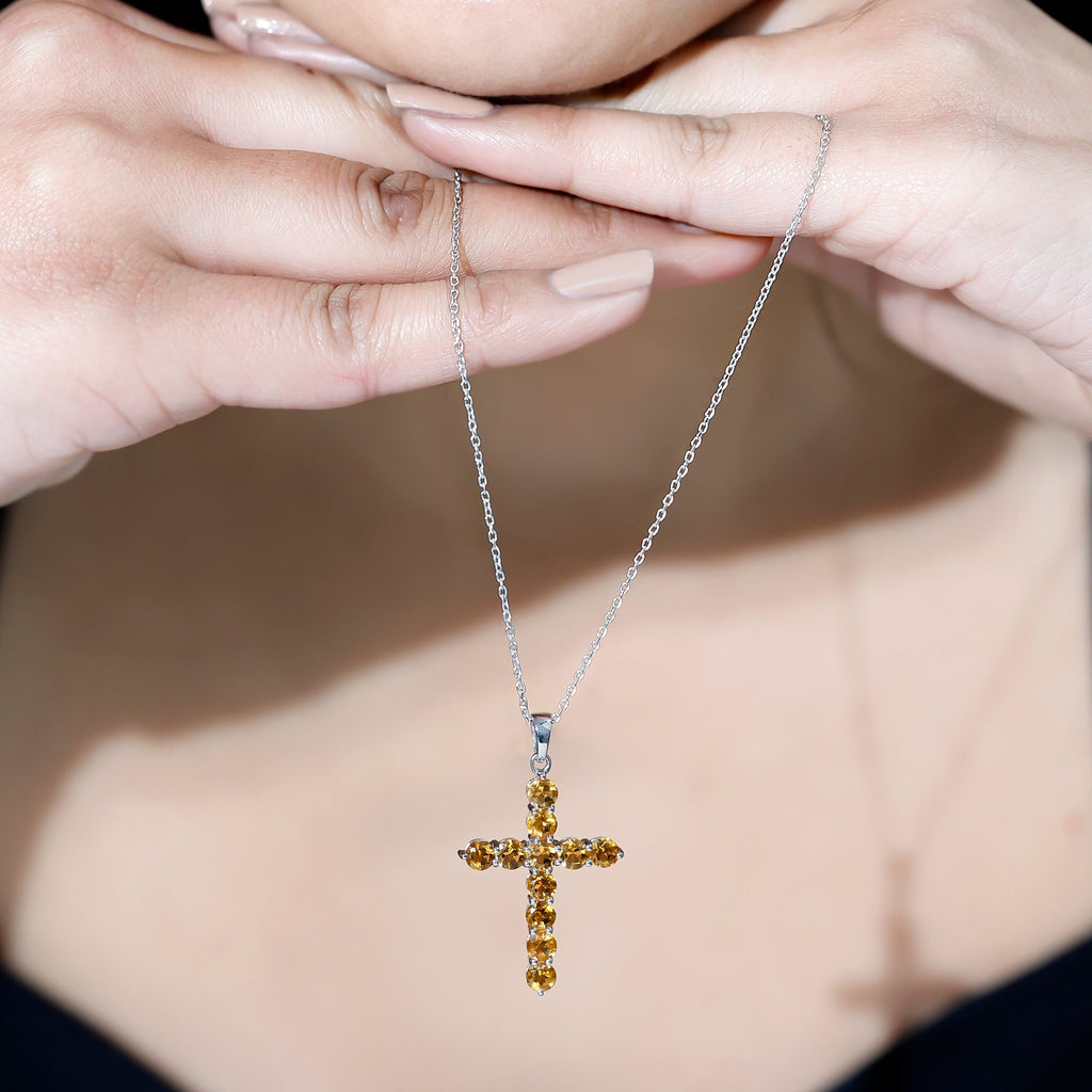 Citrine Silver Cross Necklace – 14K White Gold Birthstone Pendant, Prong Setting